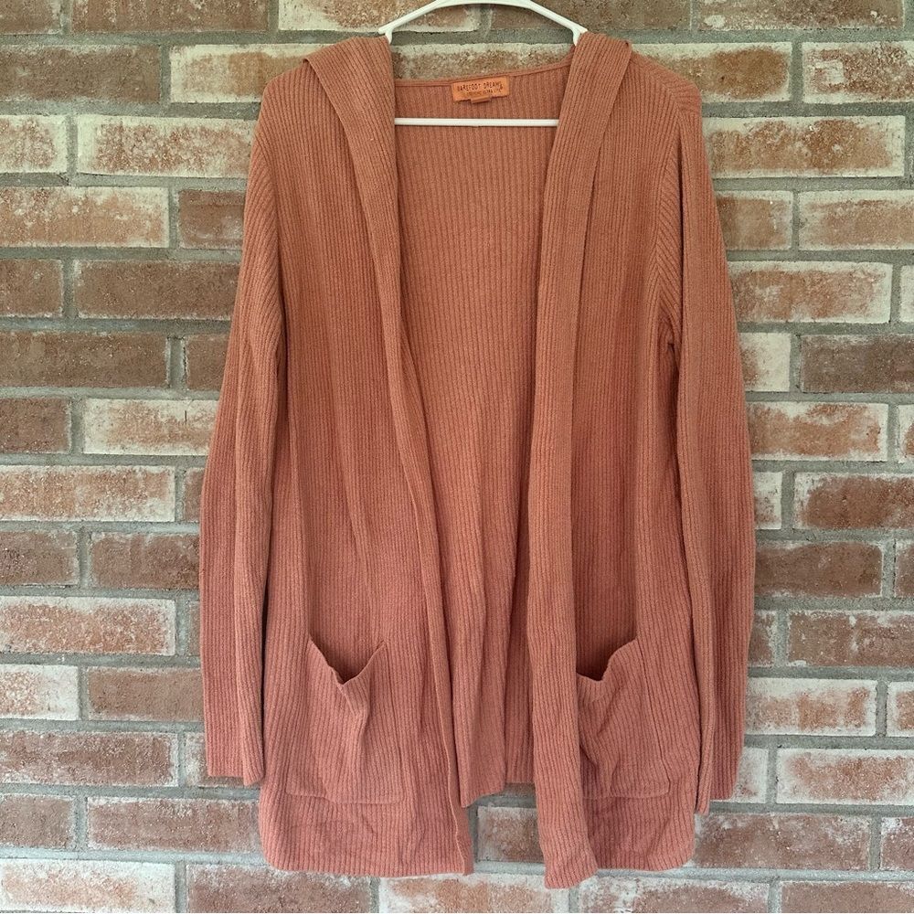 Barefoot Dreams CozyChic UltraLite Ribbed Hooded Long Cardigan Pink Medium